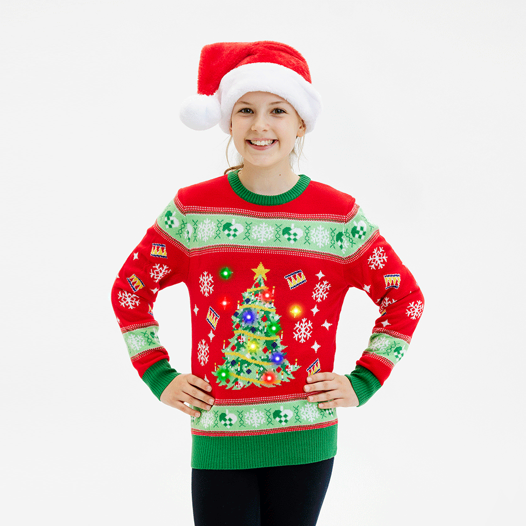 Juletræets Julesweater Rød LED - Børn